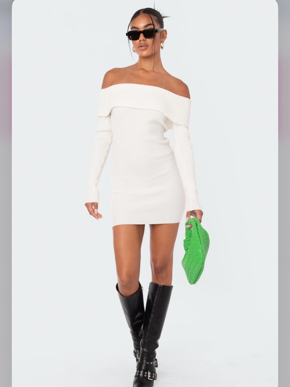 Edikted Ribbed Off-Shoulder mini Dress in white/Cream